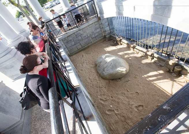 Plymouth Rock, marking the Pilgrims’ first landing in 1620, is enclosed in a portico within Pilgrim Memorial State Park (free admission).