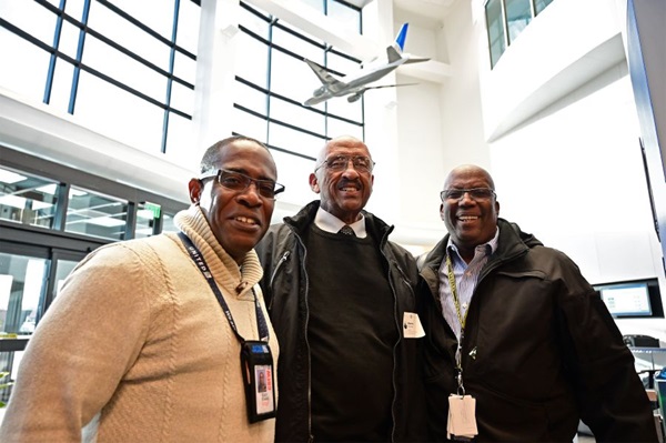 United Airlines check pilot and Capt. Ray Evans, retired airline Capt. Warren Wheeler, and United Capt. Carl Mentor meet at the United Airlines training facility during the AOPA High School Aviation STEM Symposium in Denver Nov. 10, 2019. Photo by David Tulis.
