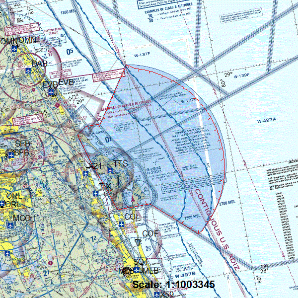Launches from Cape Canaveral are so common that the VFR Sectional Chart for that area includes a blue tinted area that aligns with the common lateral boundaries of the TFR. This charting symbology was added so that pilots would not need to plot the VOR/DME arc and latitude/longitude points that make up the TFR area defined in the NOTAM. 