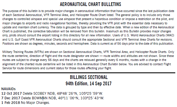 Pilots using VFR charts should also regularly consult the Aeronautical Chart Bulletin  found in the back matter of the appropriate Chart Supplement. This bulletin identifies any updates to the chart that have not yet been accounted for due to the extended six month chart cycle for most VFR charts. Notice in the Aeronautical Chart Bulletin of a NAVAIDs decommissioning or removal does not result in the NAVAIDs U/S or OTS NOTAM being cancelled.