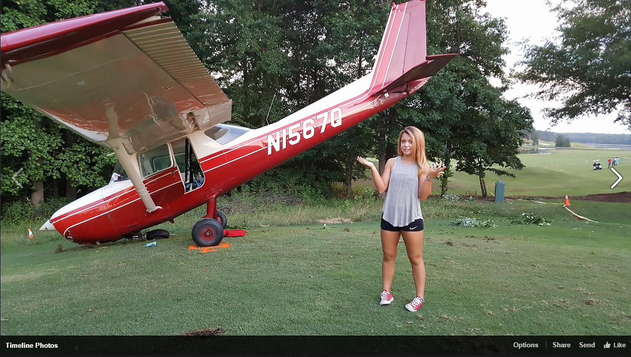 Social media was ablaze with notes of congratulations after word spread that 17-year-old student pilot Sierra Lund made a successful engine-out landing onto a golf course near Atlanta Regional Falcon Field Airport. Photo courtesy of the Peachtree City Police Department and Fire Rescue Facebook page.                                     