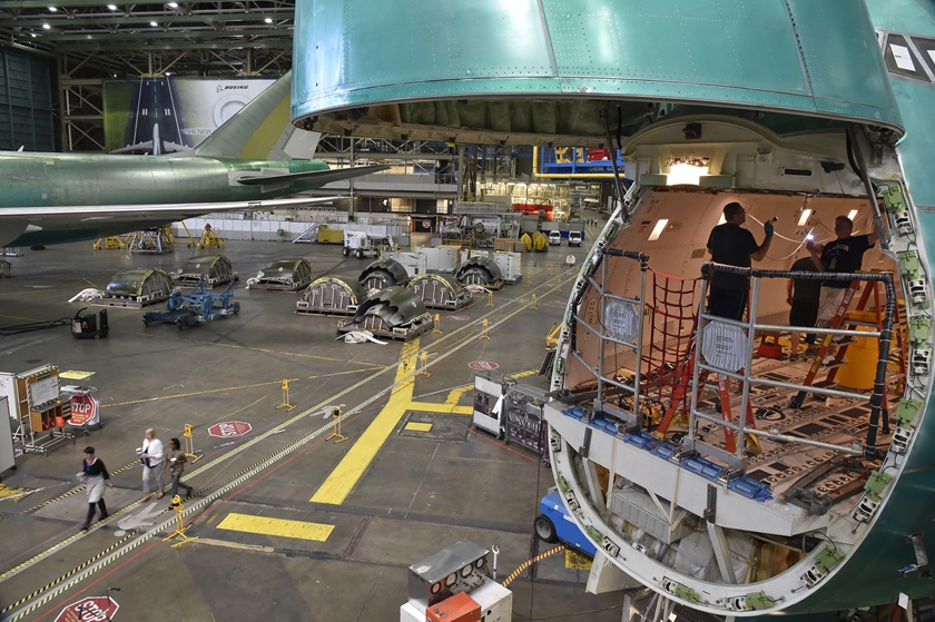 Boeing's Everett, Washington, factory at Paine Field employs 40,000 workers to assemble its line of jet airliners. Photo by David Tulis.