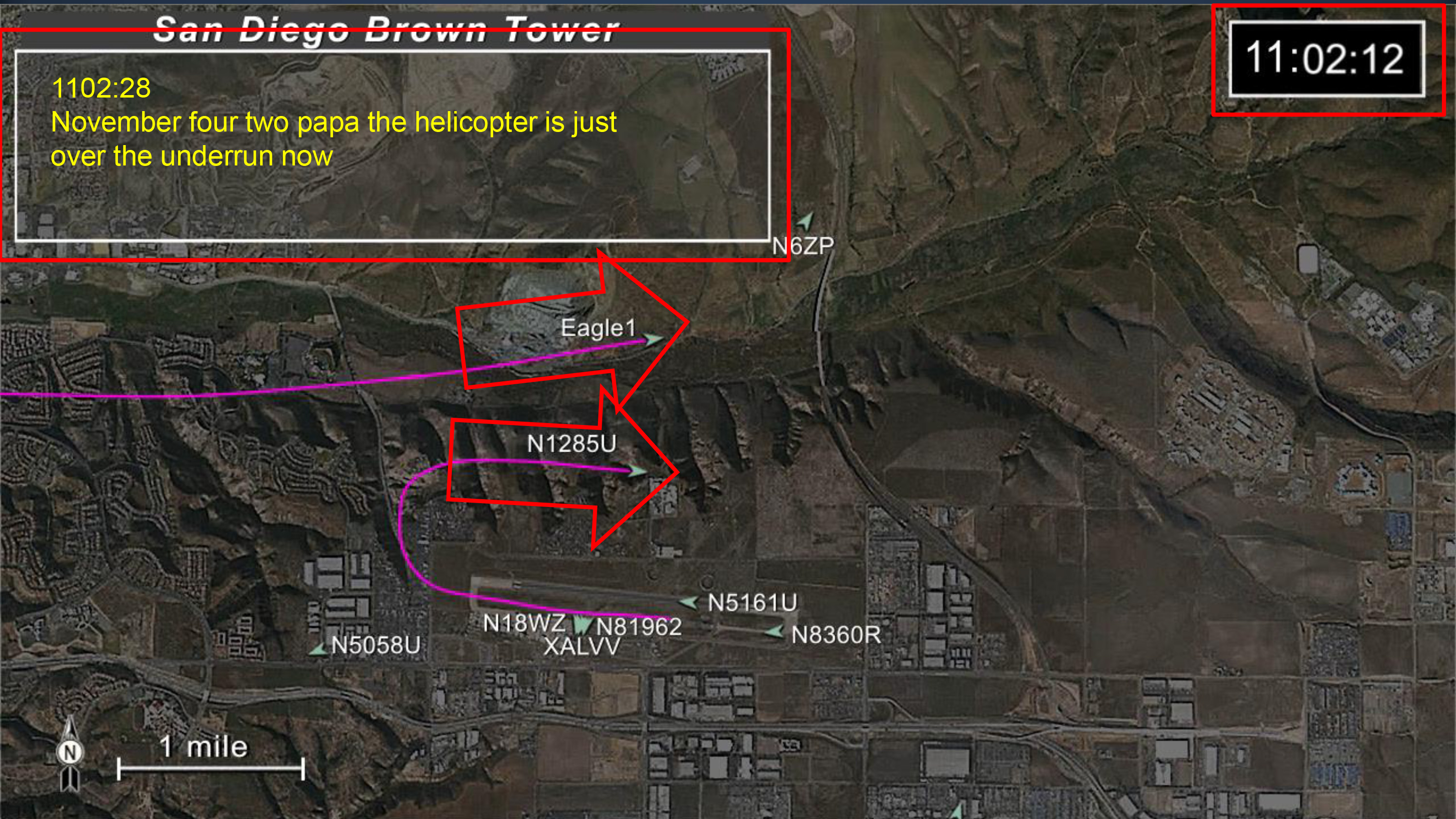 This image, reconstructed from radar data by the NTSB, shows the locations of the Sabreliner (Eagle1) and the Cessna Skyhawk moments before the August 2015 collision. The Sabreliner and Cessna both intended to land on the same runway. NTSB image.