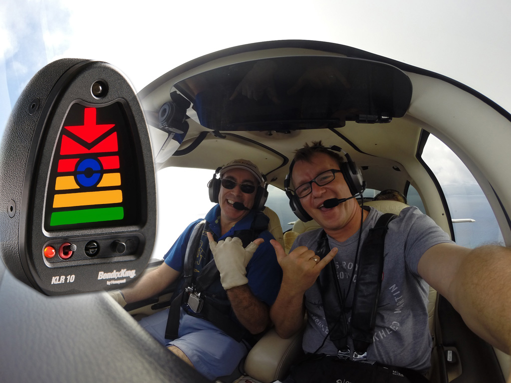 Laurence Balter, left, teaches students to use angle of attack to maintain control, make better landings, and increase safety. Background image by Laurence Balter, foreground image of BendixKing KLR 10 courtesy of BendixKing. 