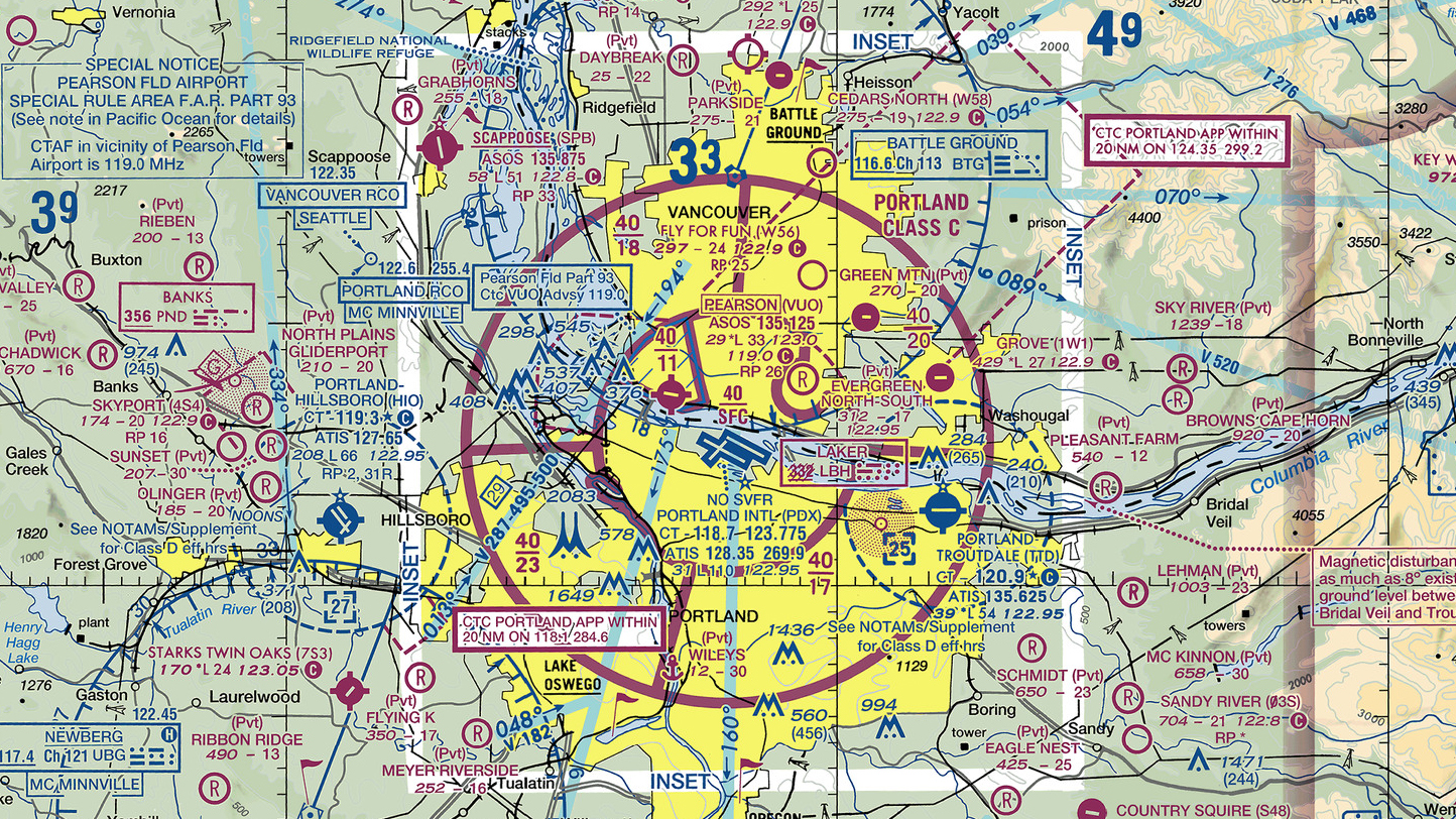 Pearson Field within the Class C airspace of Oregon's Portland International Airport. Graphic courtesy of SkyVector.