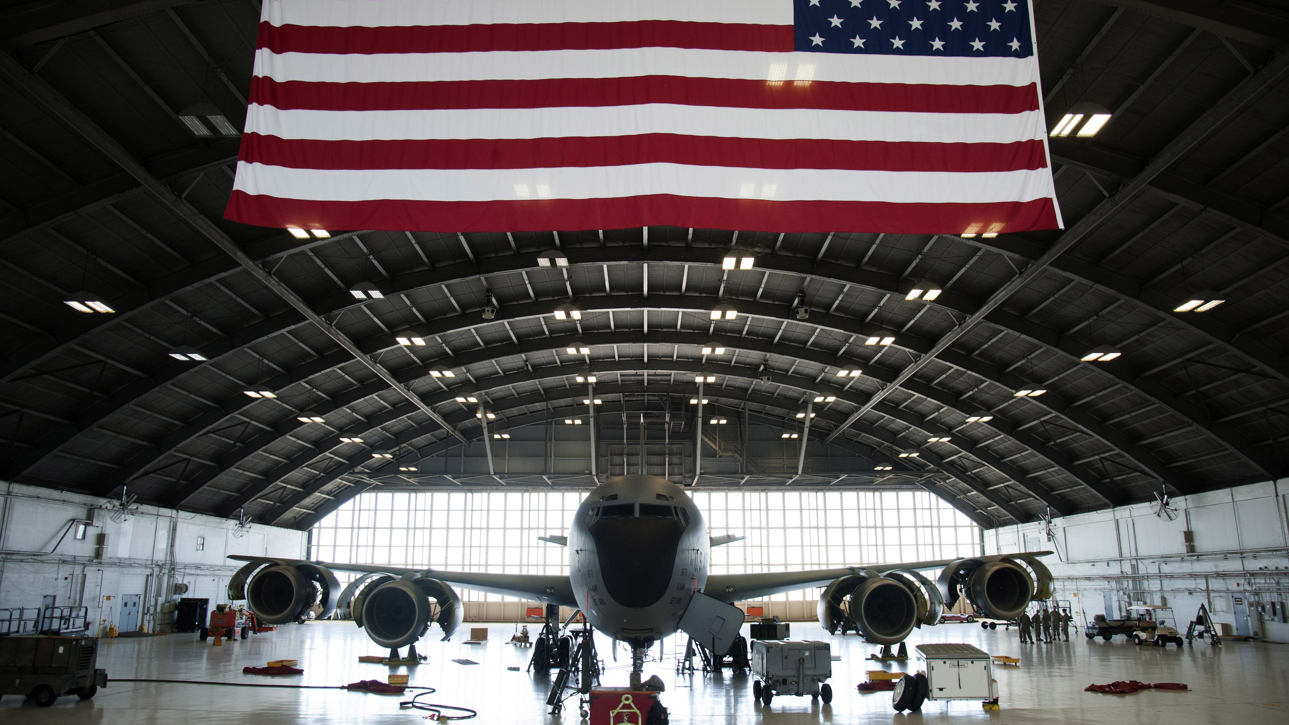 A KC-135 Stratotanker aircraft parked in a hangar during repairs at MacDill Air Force Base, Florida, Aril 12, 2017. Over the past few weeks, Airmen provided engine maintenance to ensure the safety of the aircraft. (U.S. Air Force photo by Airman 1st Class Mariette Adams)