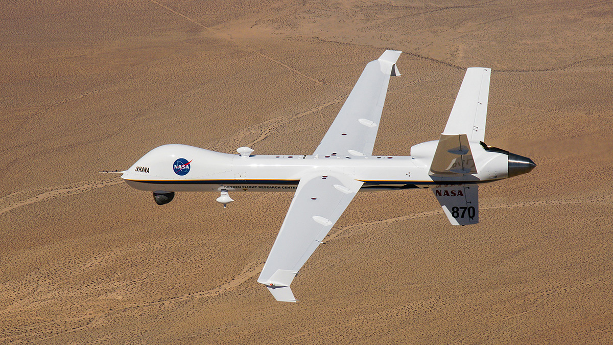 NASA used the Ikhana unmanned aircraft system, a research version of the General Atomics MQ-9 Predator B, to test and validate standards that will govern integration of this and similar unmanned aircraft into the National Airspace System. Photo courtesy of NASA. 