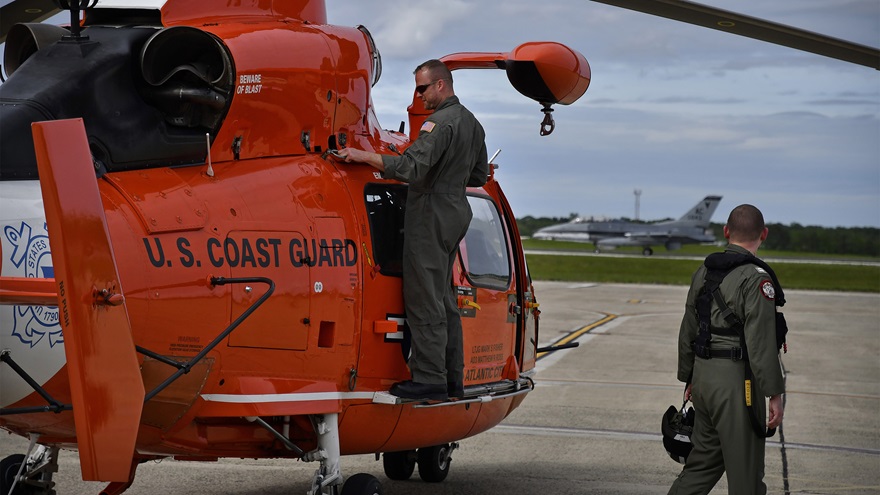 U.S. Coast Guard members and NORAD pilots, operating from the base of the 177th Fighter Wing at Atlantic City International Airport in Egg Harbor Township, New Jersey, prepare for CrossTell, a joint exercise to raise awareness about temporary flight restrictions affecting general aviation operations. Photo by David Tulis.