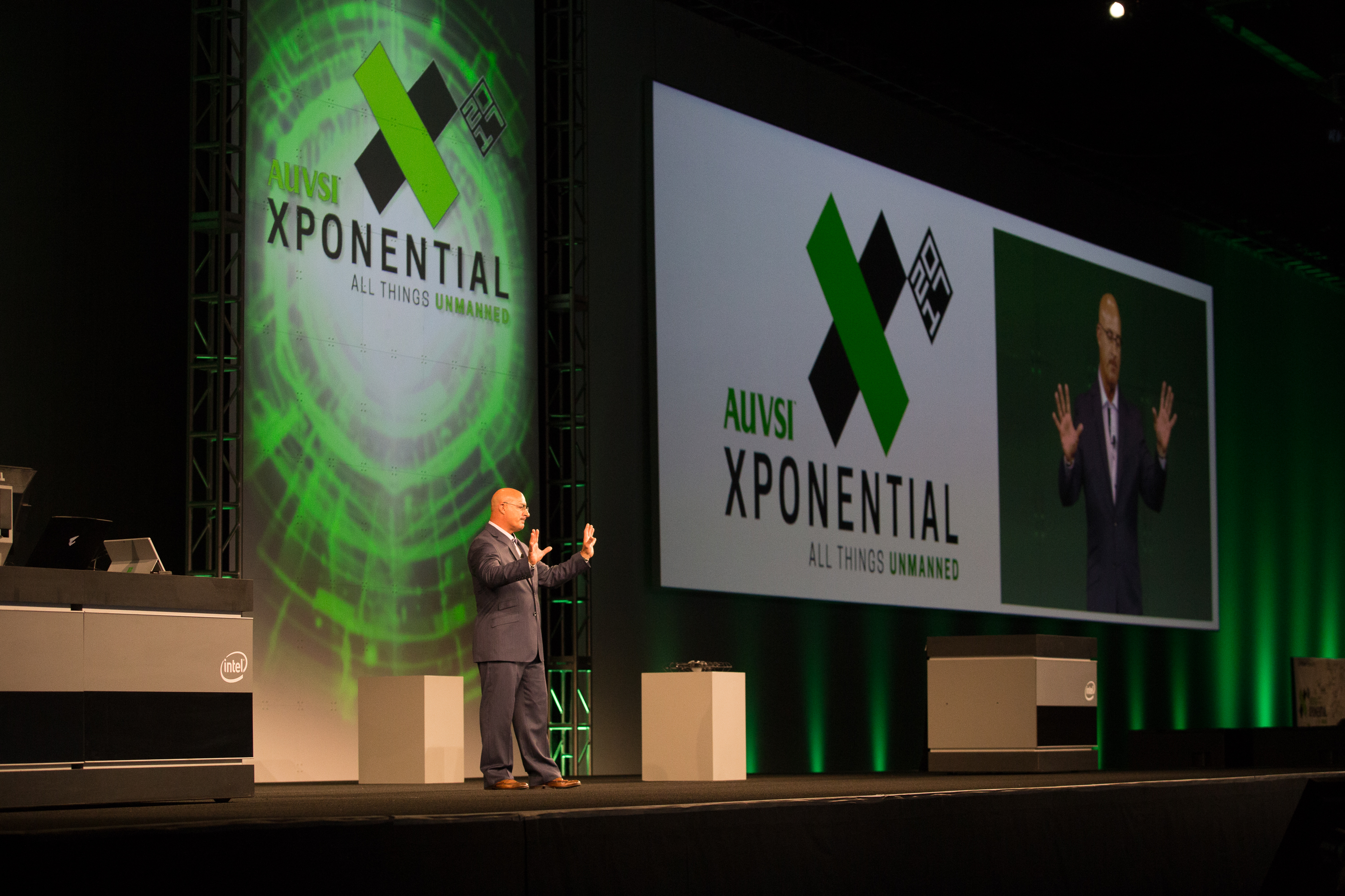 Jim Cantore of The Weather Channel, famous for his on-location reporting from the heart of hurricanes, hosted AUVSI Xponential in Dallas. Jim Moore photo.