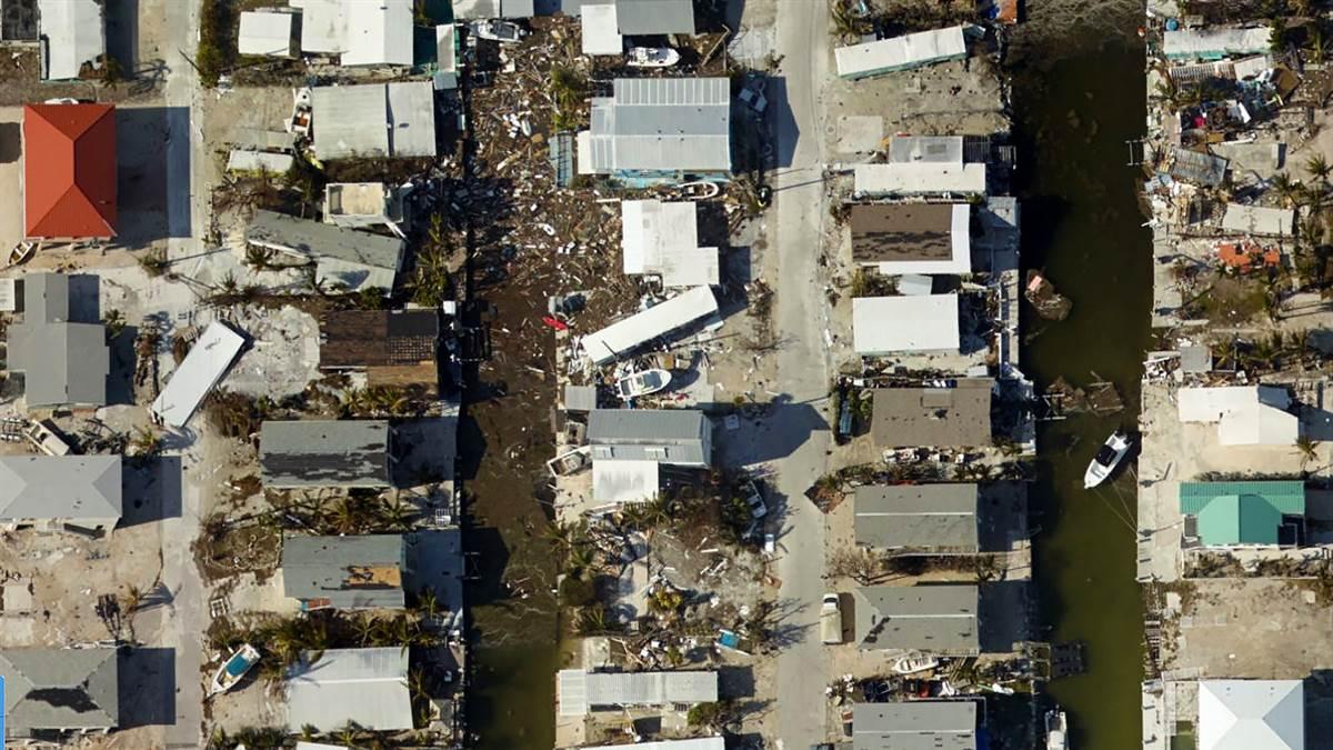Hurricane Irma’s damage to homes in Marathon, Florida, adjacent to Florida Keys Marathon International Airport, can be seen in this photo provided by the National Oceanic and Atmospheric Administration’s ‘Hurricane Hunter’ aircraft. Photo courtesy of NOAA.