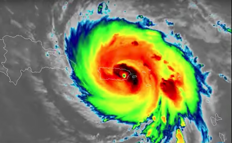 Hurricane Maria bears down on Puerto Rico in this colorized-infrared GOES-16 satellite image provided by the National Oceanic and Atmospheric Administration and NASA. Photo courtesy of NOAA/NASA.