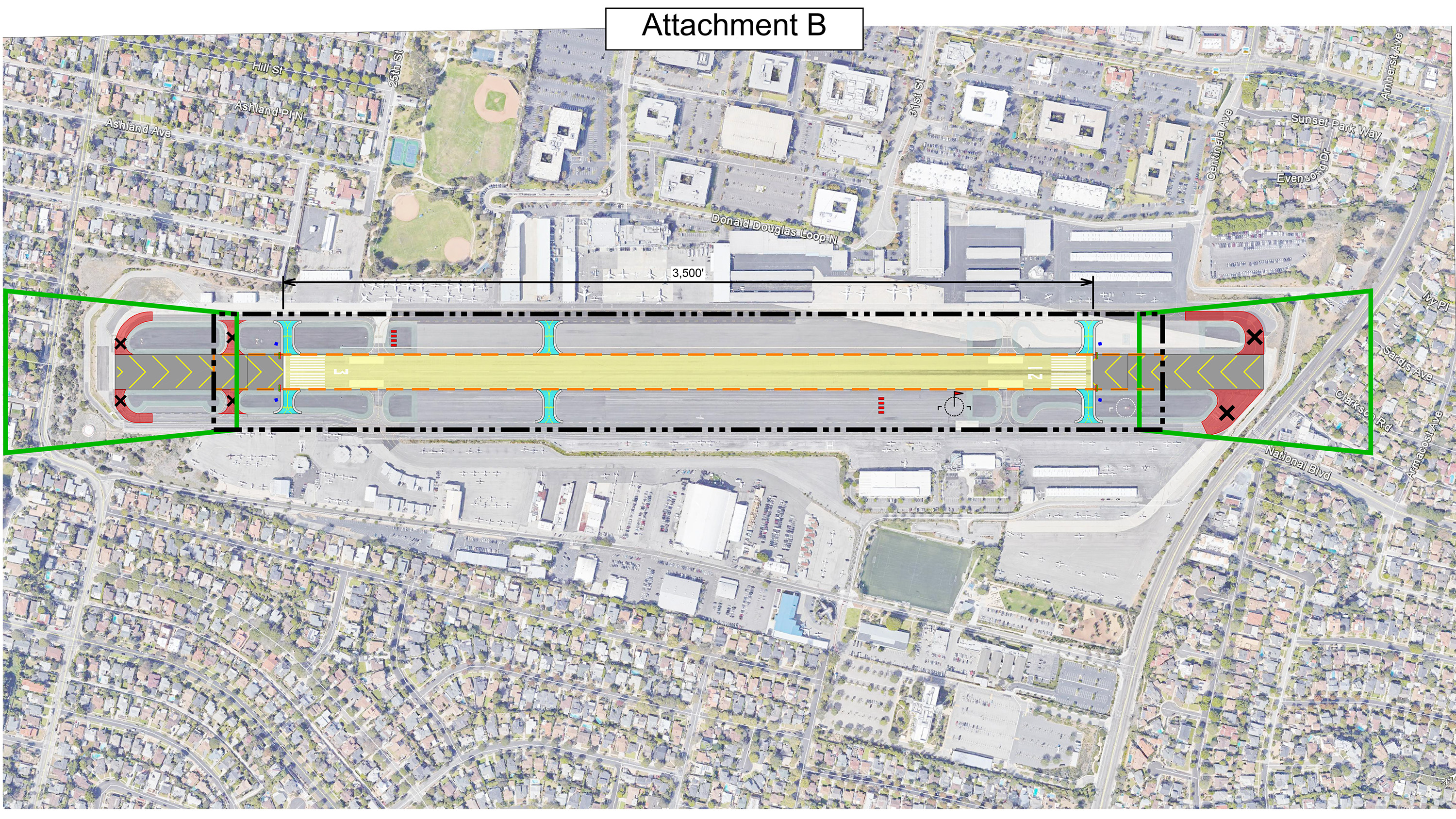 California's Santa Monica City Council voted unanimously in May to reduce the municipal airport's runway from nearly 5,000 feet to 3,500 feet. The council chose this option, which centers the new runway on the existing runway. 