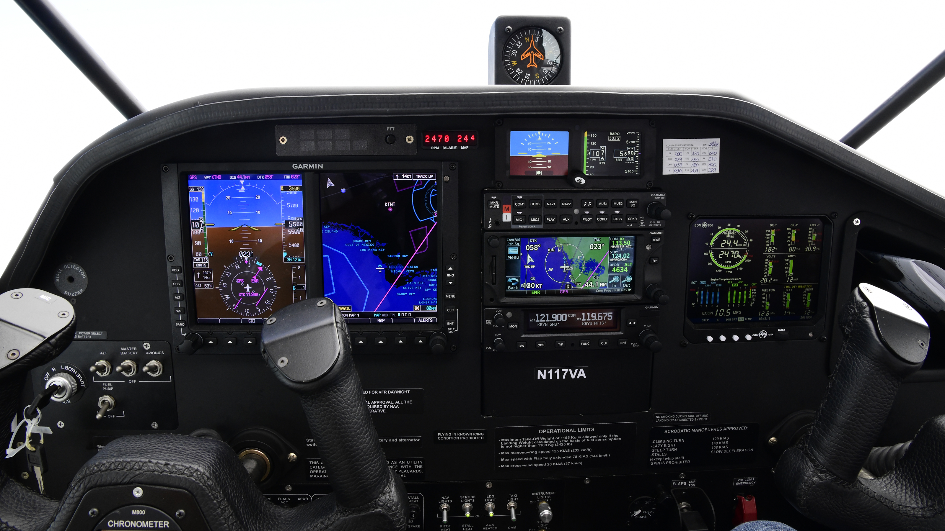 The 2018 Vulcanair V1.0 has a Garmin G500 digital panel and good visibility through side, forward, rear, and skylight windows over the Florida Keys, Aug. 12, 2018. Future models will be outfitted with a Garmin G500 TXi digital panel. Photo by David Tulis