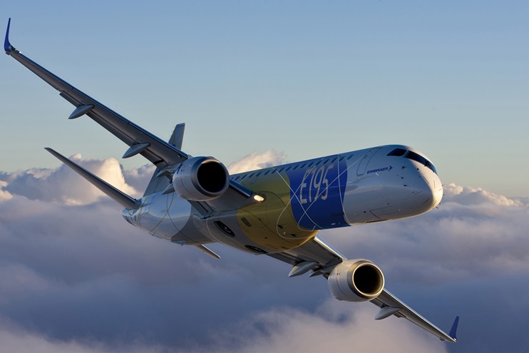 The Embraer 195 passenger aircraft is smaller than a Boeing 737 MAX and the aircraft could help strenghten the lineup from the Seattle-based aerospace manufacturer. Photo courtesy of Embraer.