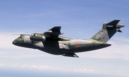 An Embraer KC-390 multi-mission medium airlift twin-engine transport jet in flight. Photo courtesy of Embraer.