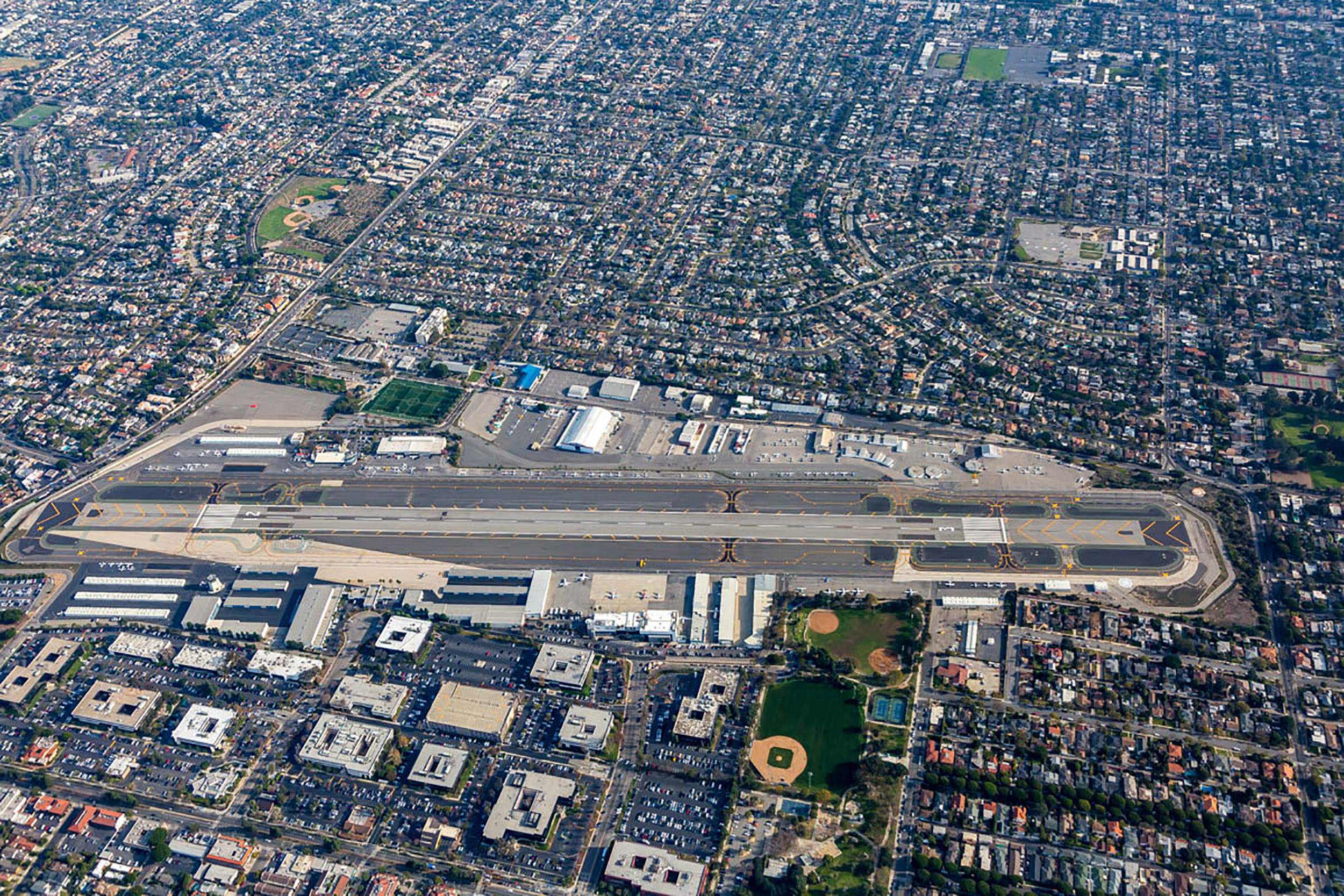 An aerial view shows the updated runway configuration at Santa Monica Airport in California. Photo courtesy of Mark Holtzman, West Coast Aerial Photography.