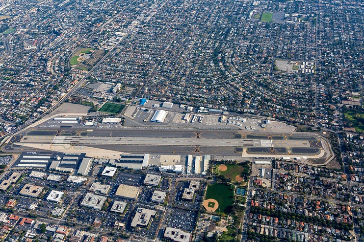 An aerial view shows the updated runway configuration at Santa Monica Airport in California. Photo courtesy of Mark Holtzman, West Coast Aerial Photography.