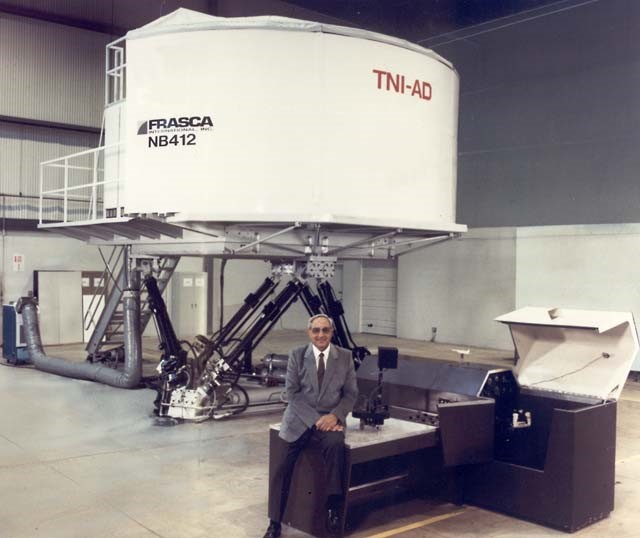 The towering two-story-tall Bell NB-412 full flight simulator utilized hydraulics, a cooling system, and advanced engineering. Photo courtesy of Frasca International.