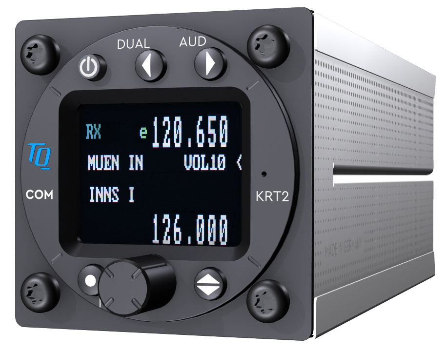 The KRT2 VHF transceiver features an integrated intercom, can monitor two frequencies simultaneously, and has memory slots for 100 preferred frequencies. 