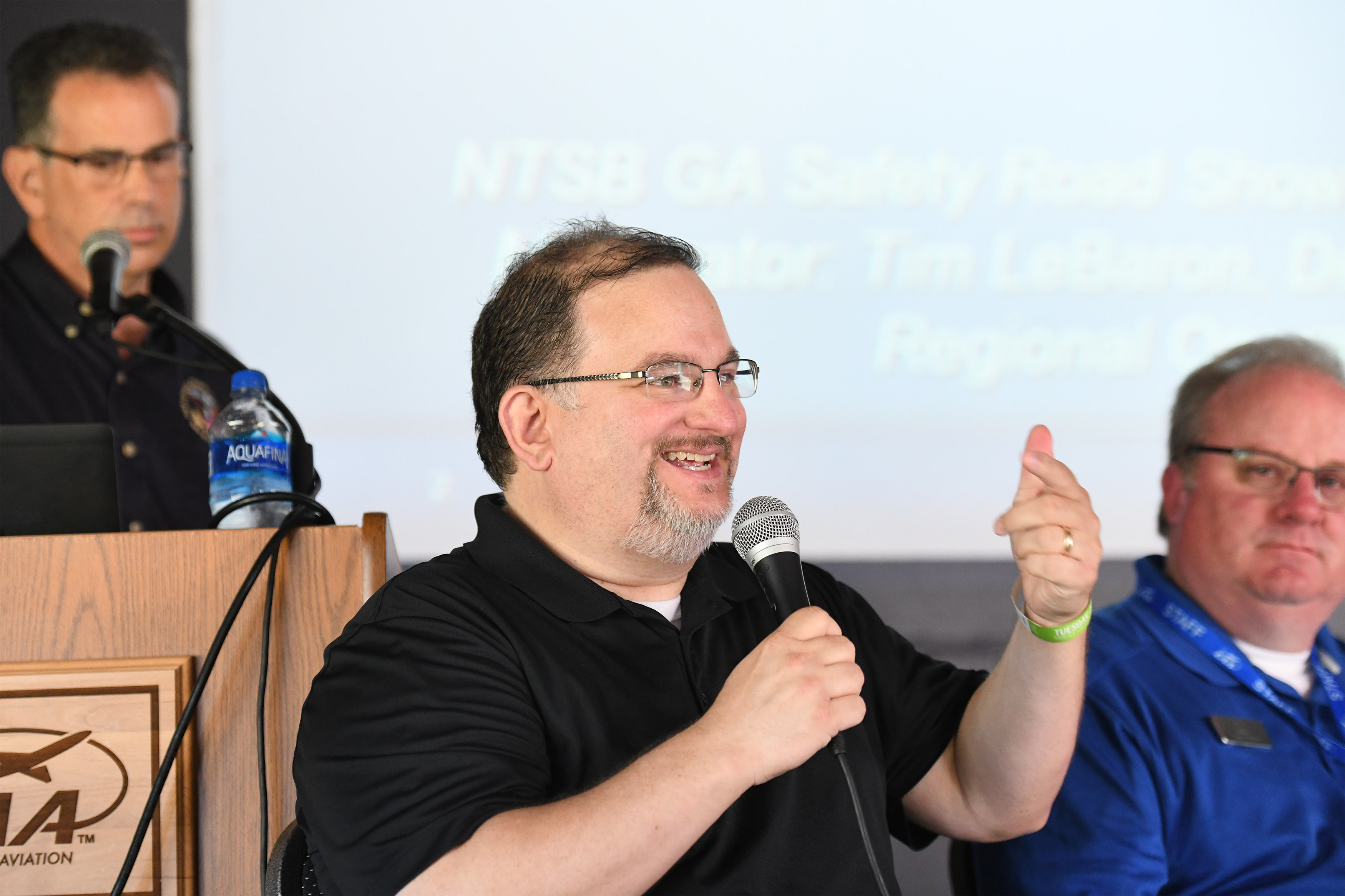 University of North Dakota aviation educator Jim Higgins participates in a general aviation NTSB safety road show on preventing in-flight loss of control during EAA AirVenture in Oshkosh, Wisconsin, July 24, 2018. Photo by David Tulis.