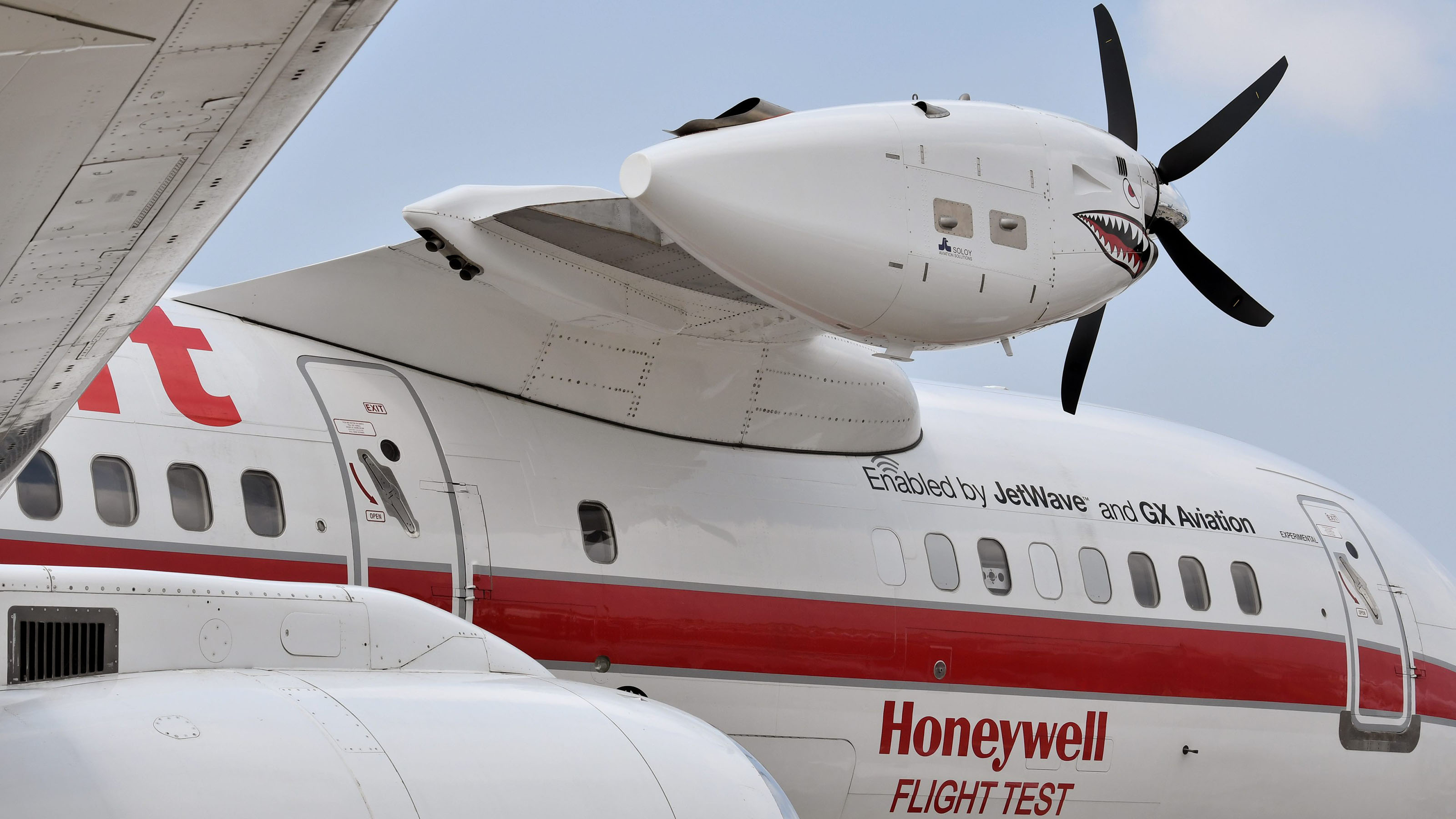 A Honeywell TPE331-14 turboprop engine is mounted on the company's Boeing 757 test aircraft. It's the first turboprop to be tested on the large jet, which made its first visit to EAA AirVenture this year. Photo by Mike Collins.