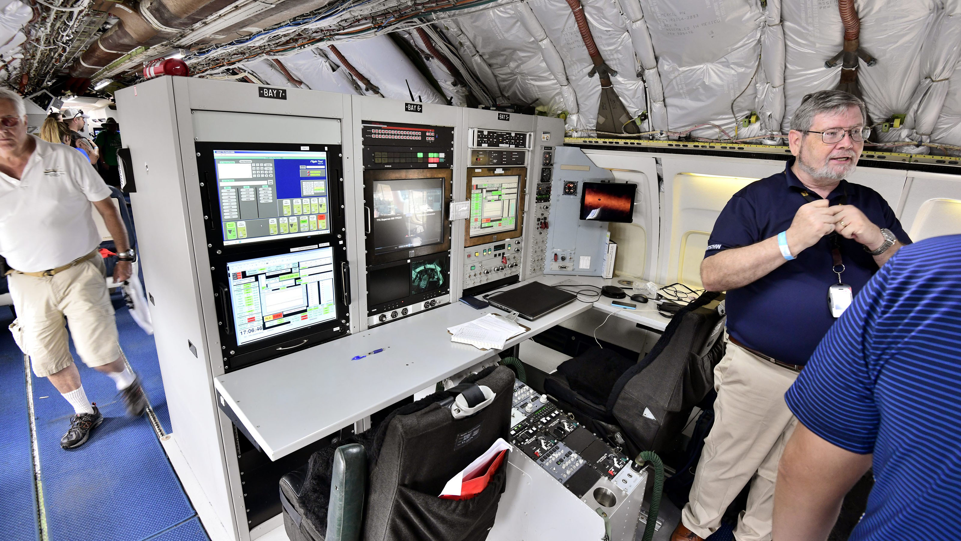 These engineer work stations are located in the cabin of Honeywell's Boeing 757 test bed. Photo by Mike Collins.