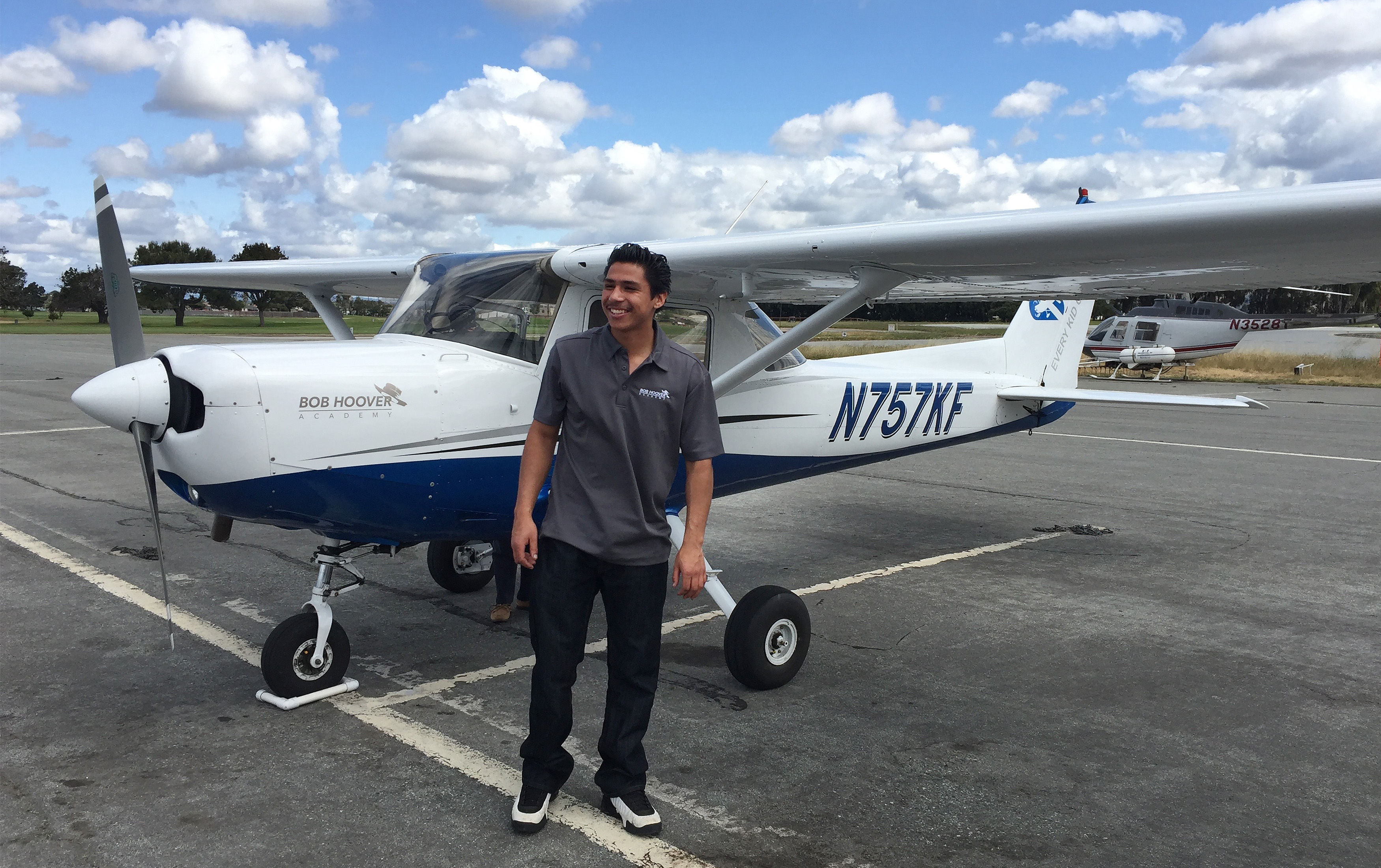 Bob Hoover Academy high school student Diego Merida smiles after his solo in the school's Cessna 152. Photo courtesy of Stacey Wilson.