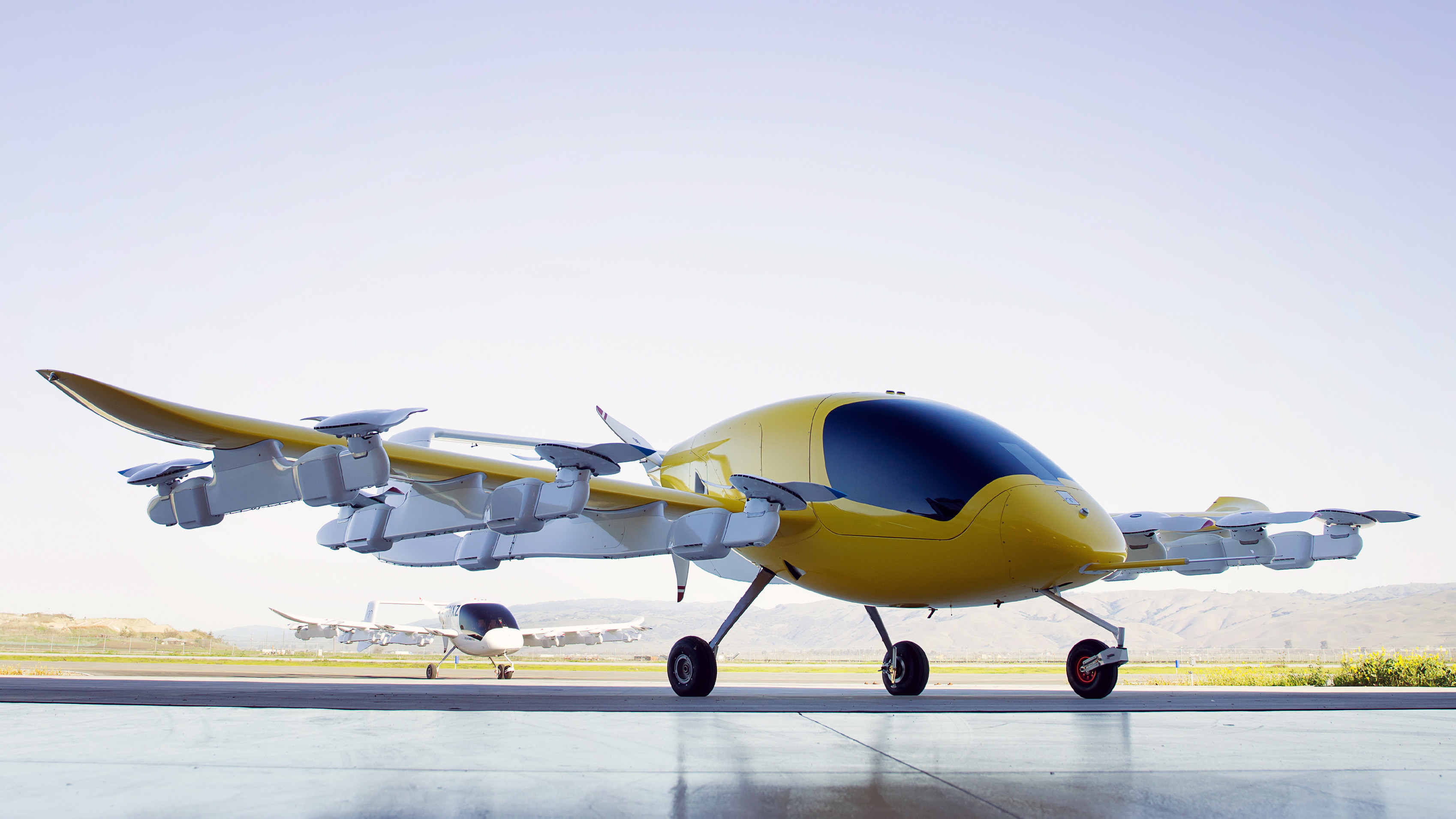 Kitty Hawk released this photo of its self-flying, electric, vertical takeoff and landing craft dubbed Cora. The eVTOL design transitions to fixed-wing flight powered by the pusher propeller. Photo courtesy of Kitty Hawk.
