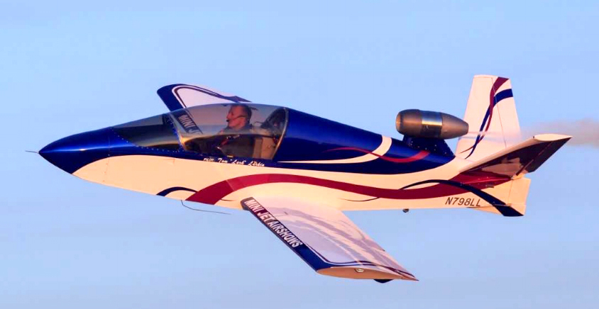 Tom 'Lark' Larkin will perform at the Nebraska State Fly-In & Air Show in his SubSonex Mini Jet, which weighs 500 lbs., goes up to 300 mph, and is fully aerobatic. This particular aircraft was the first kit ever sold and flown. Powered by the PBS TJ-100 engine from the Czech Republic, at full throttle it can produce 258 lbs. of thrust while burning 40 gph. As beautiful as the jet is, there is no paint on it. It is completely wrapped in a vinyl covering. Photo courtesy Tom Larkin.