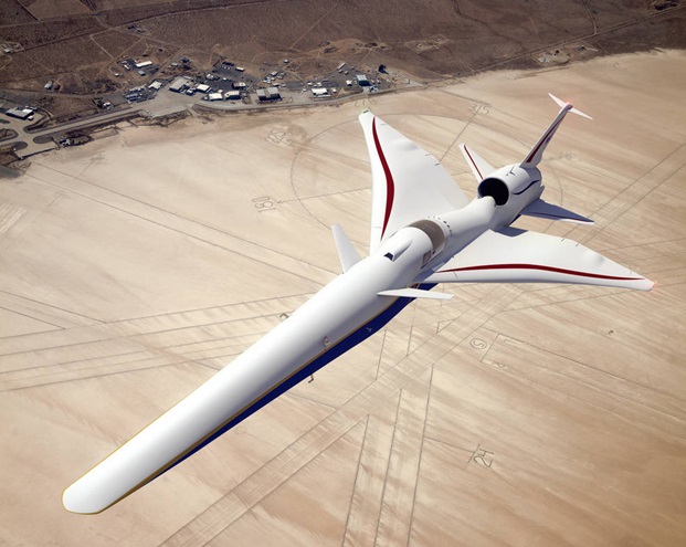 Illustration of the X-59 QueSST as it flies above the NASA Armstrong Flight Research Center in California by Lockheed Martin.