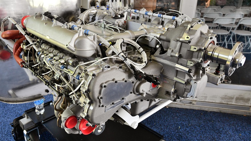 Engineered Propulsion Systems' Graflight V-8 diesel aircraft could be certified as early as the end of this year, the company said at EAA AirVenture Oshkosh 2019. This engine is shown configured for a Cirrus SR22, and mounted on an SR22 firewall. Photo by Mike Collins.