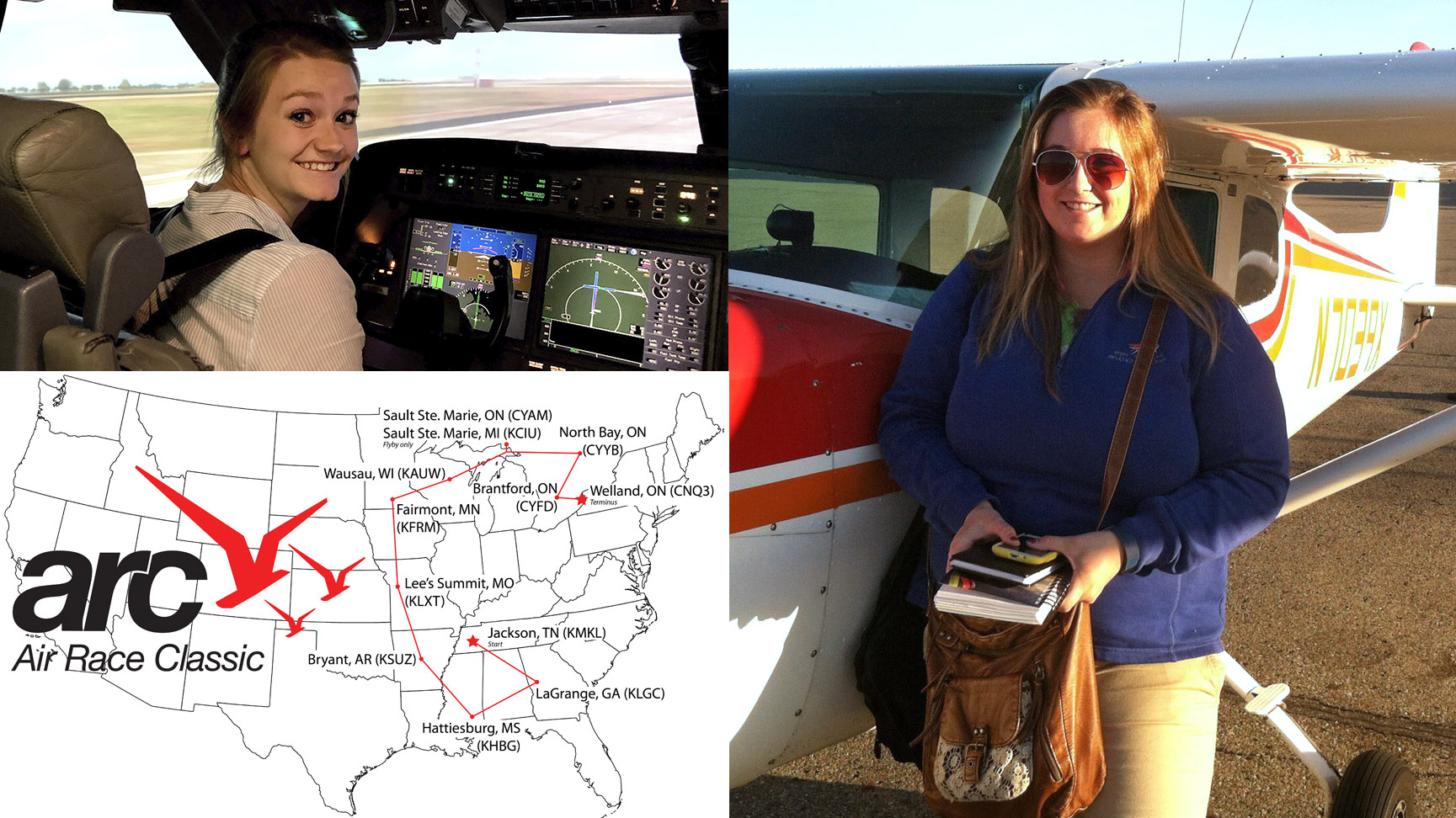 West Michigan Aviation Academy graduates Tori Gann (top left) and Oakley Clay (right) teamed up for the 2019 Air Race Classic, a four-day international air rally that begins in Tennessee June 18 and ends in Canada June 21. Photos courtesy of Tori Gann, Oakely Clay, and Air Race Classic. AOPA composite.