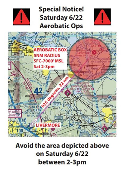 Pilots flying in to the AOPA Fly-In at Livermore, California, on Saturday, June 22, should exercise extreme caution to avoid the aerobatic box depicted above. Click to download a kneeboard format to take with you if flying in.