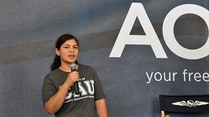 Kimberly Rodriguez Gaona, the Bakersfield, California, high school senior who received California Aeronautical University's $151,650 Dreams Take Flight Scholarship, addressed the audience during the Pilot Town Halls at AOPA's Livermore Fly-In. Photo by Mike Collins.