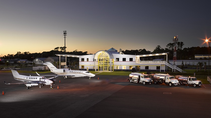 Night view of Fernandina Beach Airport's Bent Wing Flight Services FBO. Photo courtesy of Bent Wing Flight Services.