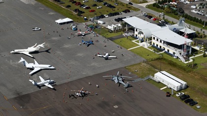 The distinctive shape of the new Bent Wing Flight Services FBO building at Fernandina Beach Airport calls to mind a Vought F4U Corsair. The airport served as a Corsair base during World War II. Photo courtesy of Bent Wing Flight Services.