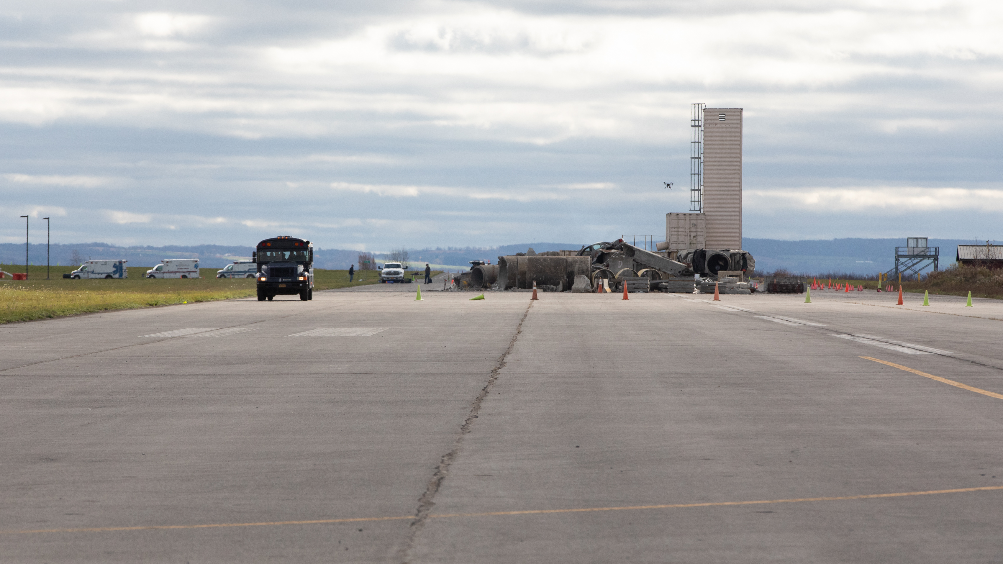 Drones patrol the rubble pile in the middle of the decommissioned runway at the New York State Preparedness Training Center on October 29. Jim Moore photo.