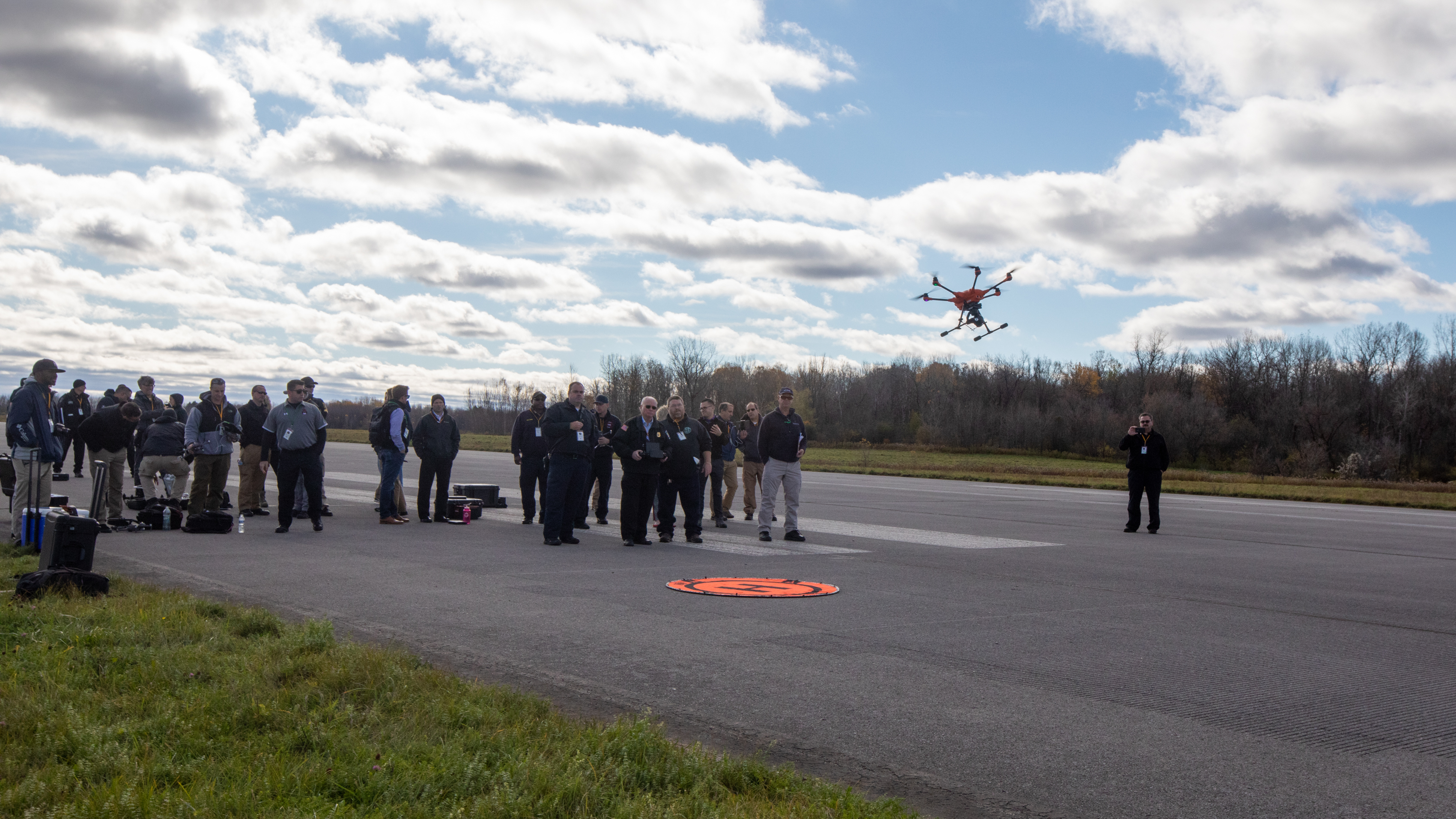 A Yuneec hexacopter approaches the landing pad just outside “disaster city,” one of the realistic training scenarios set up for public safety training. Jim Moore photo.