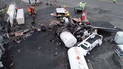 An NTSB drone perspective on the wreckage of the B-17 that crashed October 2, 2019, at Bradley International Airport in Connecticut. Photo courtesy of the NTSB via YouTube. 