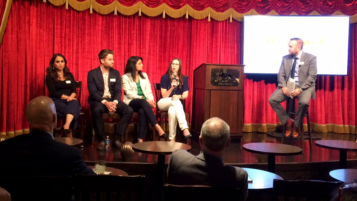 Honeywell executives (left to right) Lisa Butters, Bryan Wood, Bindu Chava, and Amanda King discuss electric vertical takeoff and landing and urban air mobility markets, high-speed airborne connectivity for real-time data sharing, hybrid-electric propulsion, and more October 20 at the National Business Aviation Association's annual convention in Las Vegas. Photo by Kollin Stagnito.