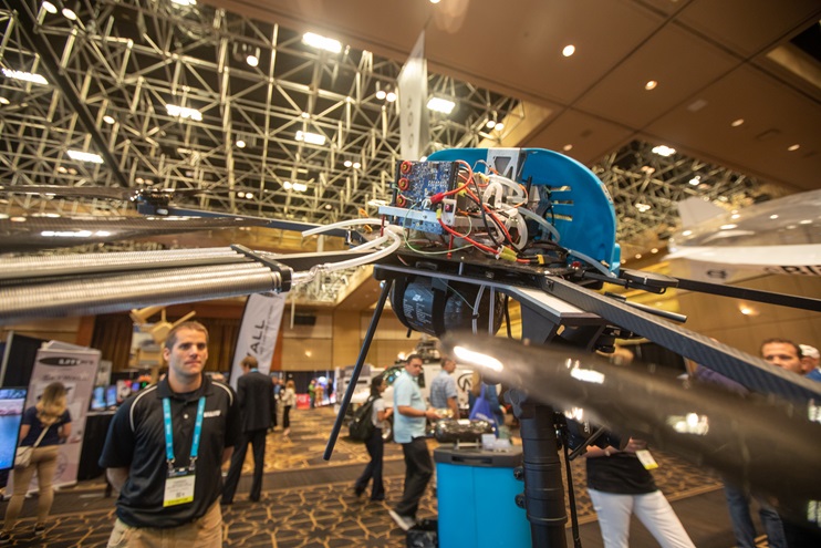 A hydrogen fuel cell powers this drone making its second InterDrone appearance in 2019. The custom rig is basically a demonstrator presented by Ballard Unmanned Systems, and was the closest thing to a new unmanned aircraft spotted on the exhibit hall on Sept. 4. Photo by Jim Moore.