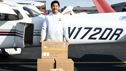 T.J. Kim and his family acquired much-needed medical supplies such as gloves, masks, protective eyewear, and sanitizer for rural hospitals in Virginia. Kim loaded them into a Cessna 172 from Aero Elite Flight Training in Leesburg, Virginia, for cross-country flights with his instructor, and they flew them to nearby general aviation airfields. Photo courtesy of Thomas S. Kim.