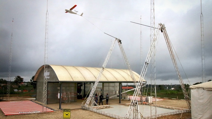 Zipline created fixed-wing drones that are launched by catapults and recovered using this arrestor system. Photo courtesy of Zipline. 