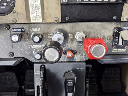 Alcohol-based disinfectant produced by a distillery and sprayed on an Atlas Aviation Skyhawk’s instrument panel damaged the panel near the power quadrant. Photo courtesy of Deric Dymerski.
