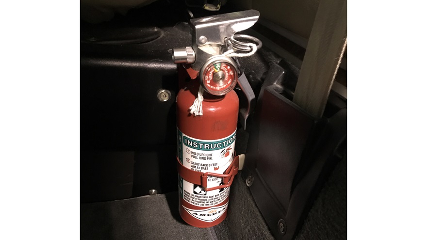 Note the low charge on the gauge.  A fire extinguisher without a proper charge may not be there for you when you need it. Photo courtesy of Jeff Simon.