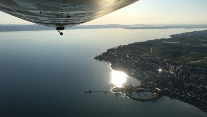 View over Lake Constance and the Alps from the Zeppelin's back window.