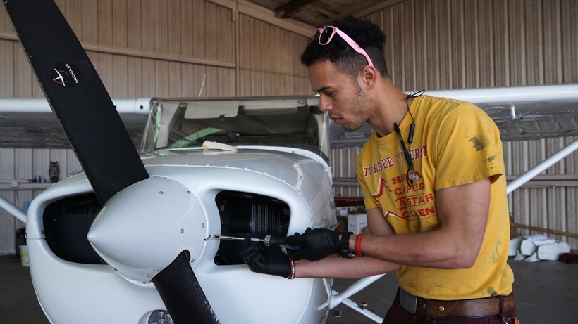 Craig Moore maintains a Red Tail Scholarship Foundation Cessna 172 Skyhawk at Moton Field Municipal Airport. Photo by Josh Cochran.
