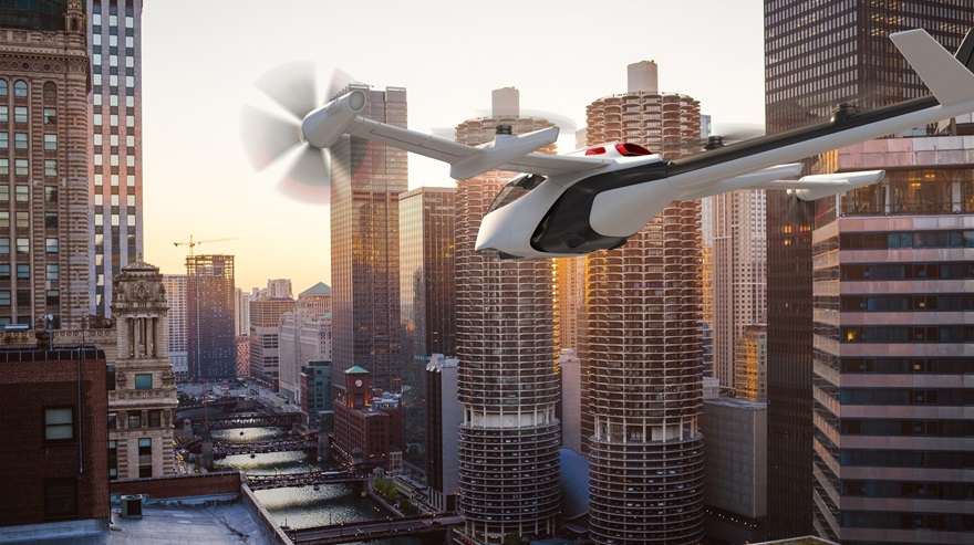 This artistic rendering shows what a future urban air mobility vehicle might look like. Image courtesy of Honeywell Aerospace.
