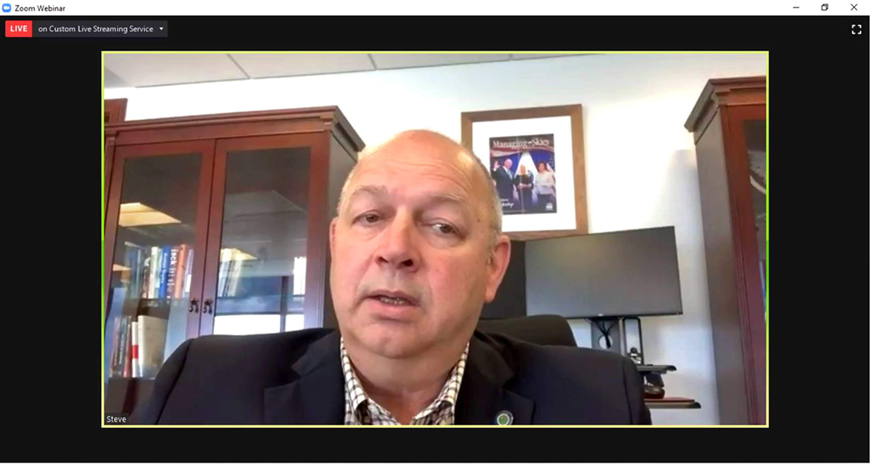 FAA Administrator Steve Dickson, shown during a general aviation town hall, visited with Embry-Riddle Aeronautical University students via videoconference for a candid discussion about the future of aviation. Image from video via Zoom.