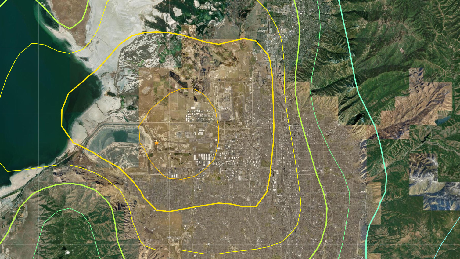 This map created by the University of Utah and distributed by the U.S. Geological Survey shows the epicenter (star) of the magnitude 5.7 earthquake that shook the region March 18. Salt Lake City International Airport resumed limited operations with a temporary tower within a few hours.